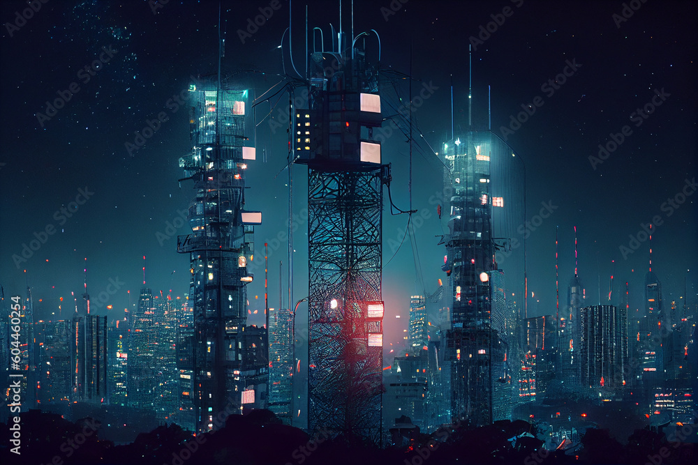 Illuminated cell phone towers 5G technology concept in the city of the future. Beautiful aerial panorama of modern skyscrapers, streets and traffic all in glittering lights on the night. High quality