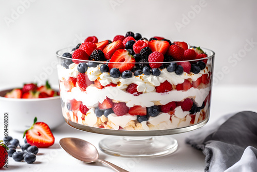 Patriotic festive trifle in big bowl for Independence Day. Summer layered dessert for 4 of July. Close up.Generative AI. photo