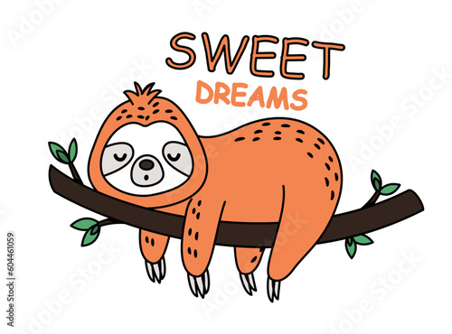 Cute orange sloth. Tropical and exotic Asian animal lies on branch next to sweet dreams inscription. Sticker for social networks and messengers. Cartoon flat vector illustration