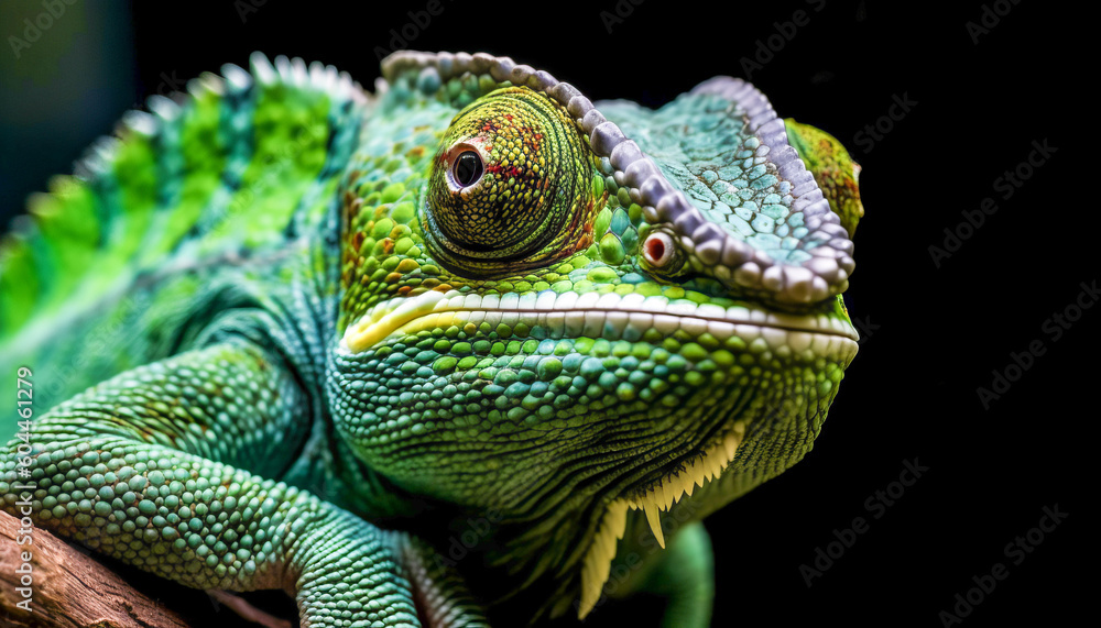 green chameleon on a black background
