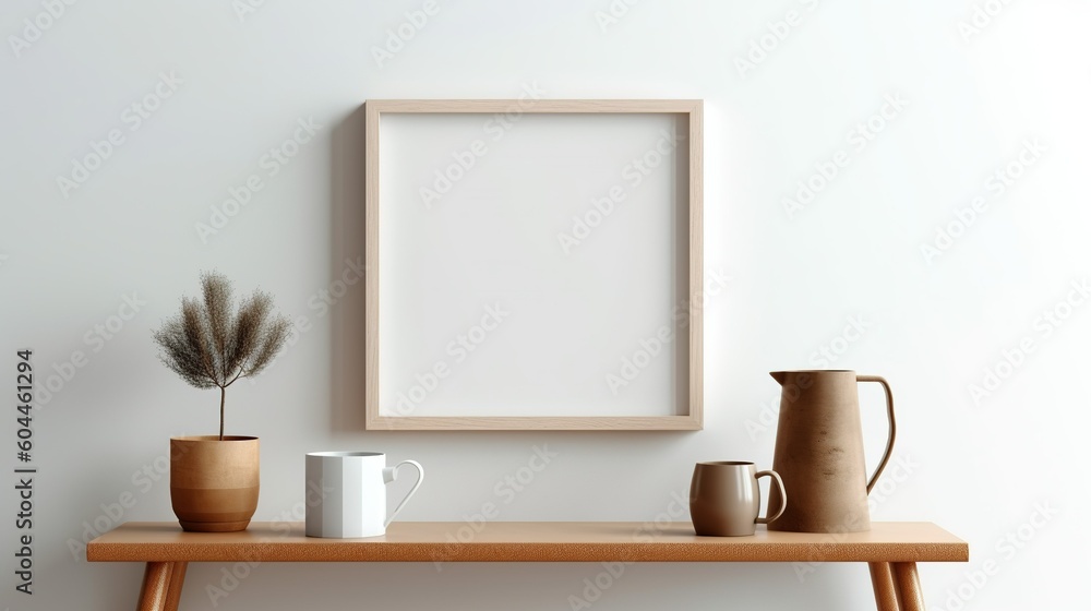 Desk mockup of an empty white frame on the wall above the desktop with a monstera. Copy spice. Generative AI Desk mockup of an empty white frame on the wall above the desktop with a monstera. Copy spice. Generative AI