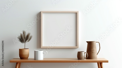 Desk mockup of an empty white frame on the wall above the desktop with a monstera. Copy spice. Generative AI © Natalia S.