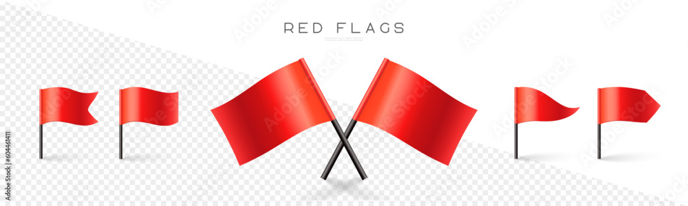 Red flag vector set. Map marks for gps point. Concept of pointer, tag and important sign. 3d icons collection isolated on transparent background - obrazy, fototapety, plakaty 