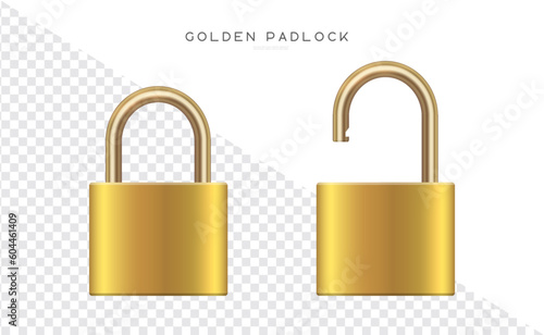 Golden padlock in the open and closed position. Metallic padlocks set. Realistic vector locks illustration