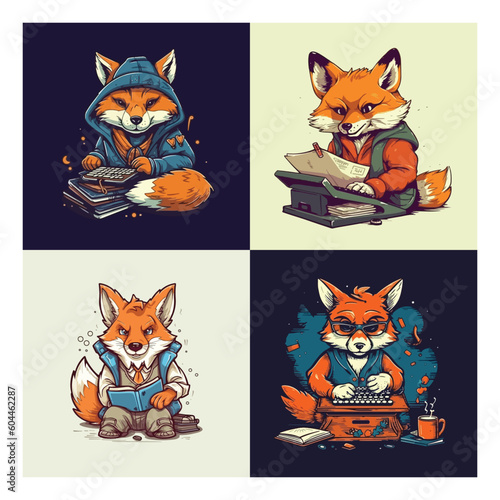 Creative writer fox mascot character for a book publisher.