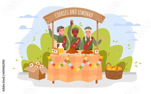 Young people sell traditional cookies and fresh lemonade at charity market vector illustration. Cartoon happy boys and girl standing at small marketplace stall of fair or festival shop and waving