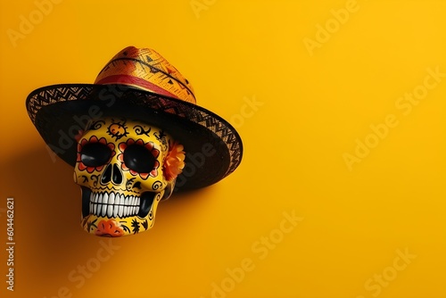 Foto Mexican sugar skull with sombrero and hat on yellow background with copyspace