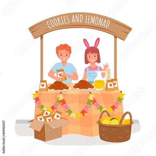 Cute kids sell cookies and fresh lemonade at charity and donation market vector illustration. Cartoon happy boy and girl in funny bunny ears selling food at marketplace stand at fair or festival