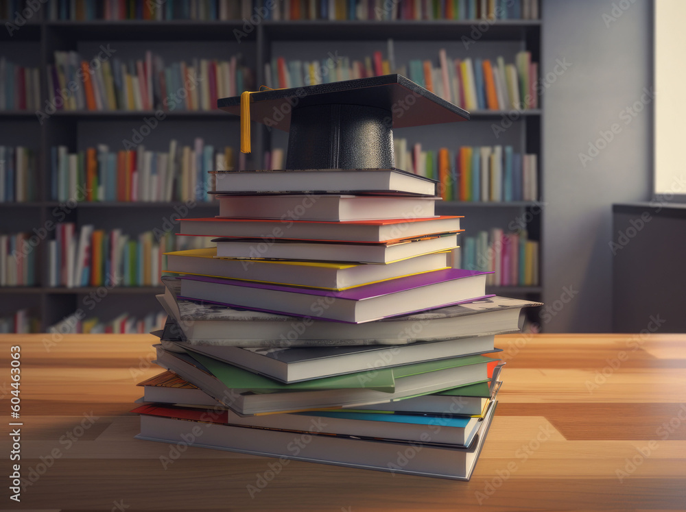 Mortarboard standing on book stack. Generative AI Mortarboard standing on book stack. Generative AI