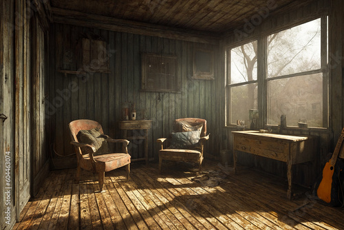 An old abandoned broken wooden house in the middle of the forest like a scene from a western movie. Concept of horror with ghosts. Generative AI.