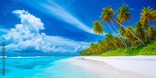 A picturesque view of Maldives island s tropical beach  with its soft white sand  swaying palm trees  and crystal-clear turquoise waters  all created by Generative AI