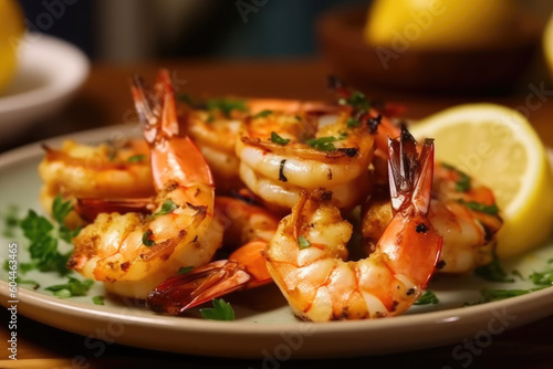 Flavors of the Sea. Savor the mouthwatering combination of grilled Tiger shrimp, butter, aromatic herbs, and tangy lemon. AI Generative