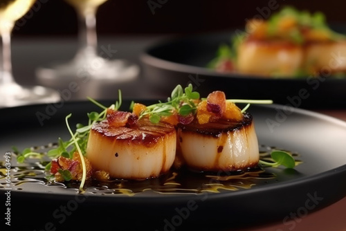 Plate of seared sea scallops, served with a creamy corn puree, crispy pancetta, and a sprinkle of fresh chives. fine dining restaurant concept ai generative