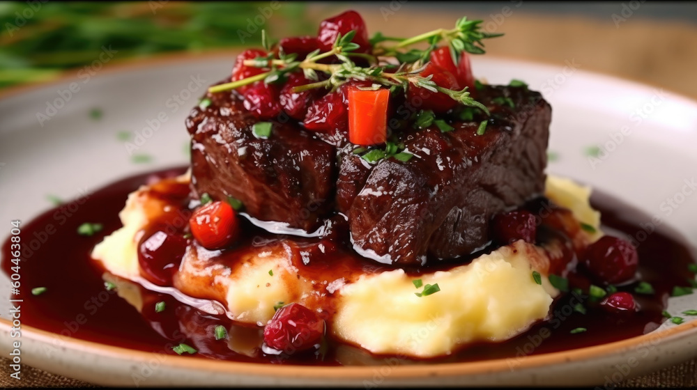 Succulent Indulgence. Braised short ribs, mashed potatoes, roasted vegetables. Gourmet concept AI Generative Succulent Indulgence. Braised short ribs, mashed potatoes, roasted vegetables. Gourmet concept AI Generative