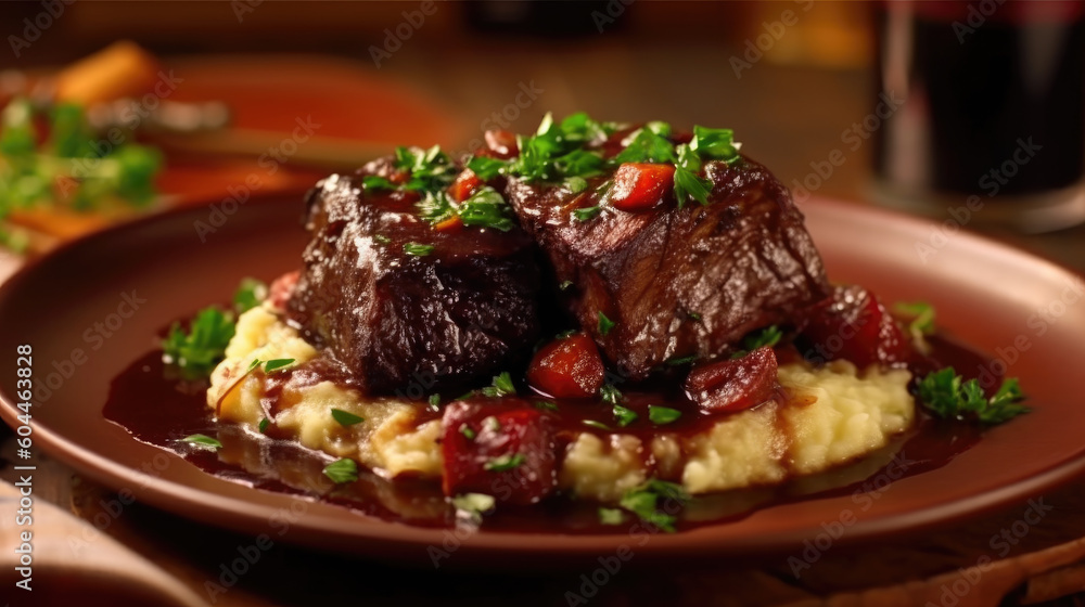 Succulent Indulgence. Braised short ribs, mashed potatoes, roasted vegetables. Gourmet concept AI Generative Succulent Indulgence. Braised short ribs, mashed potatoes, roasted vegetables. Gourmet concept AI Generative
