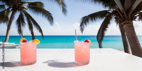 A pink cocktail in a glass on a white table against the background of a sea beach on a bright sunny day under palm trees. Generative AI. © Sergiy