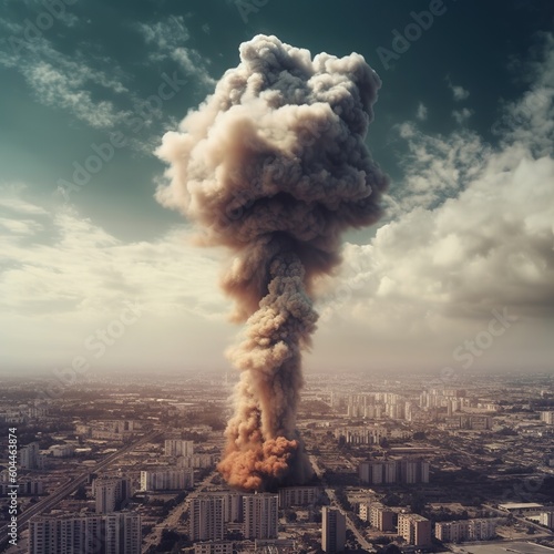 an explosion in the city, a big cloud of smoke from the explosion, an ecological disaster for humanity. Generative AI