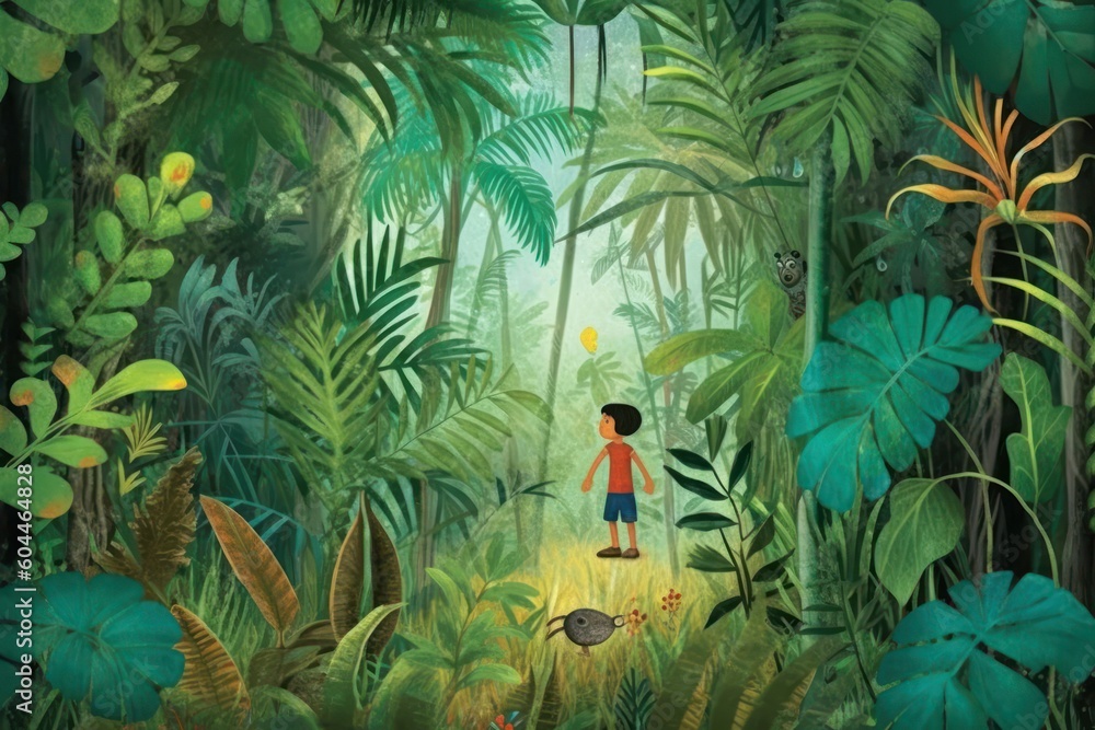 AI Generated childrens story book page of boy adventures into a lush forest background AI Generated childrens story book page of boy adventures into a lush forest background