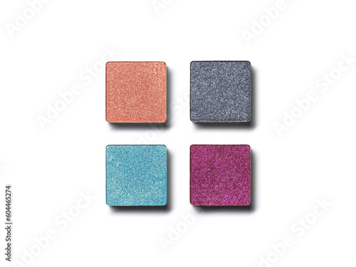 Eye shadow pans nude puple blue grey isolated on white background. Cosmetic product swatch