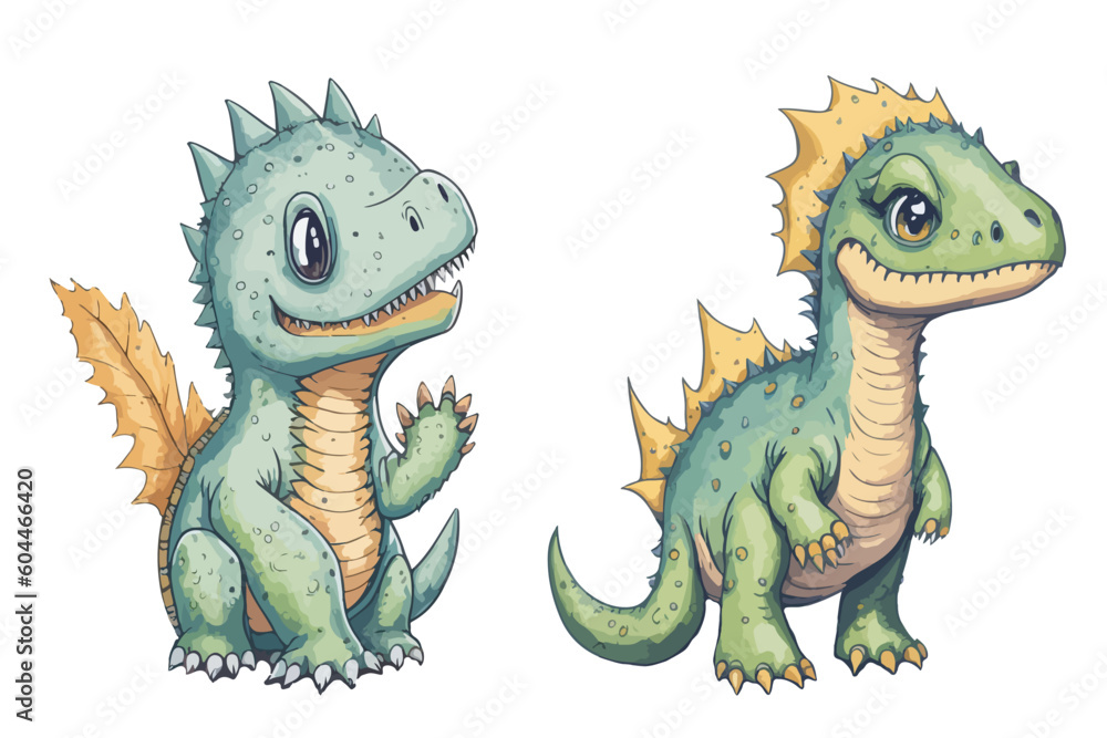 Watercolor Vector illustration set of colorful dinosaurs. Cute cartoon ...