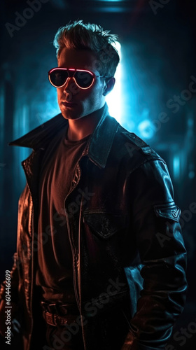 Photo realistic science-fiction, fantasy, illustration of a synthwave, spaceship pilot or smuggler. Anatomy and lighting reference. Generative AI.