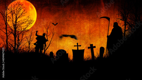Haunted Graveyard Sunset features a silhouette of a graveyard with dead trees  a grim reaper type creature  a zombie  and a full moon with a grunge atmosphere.