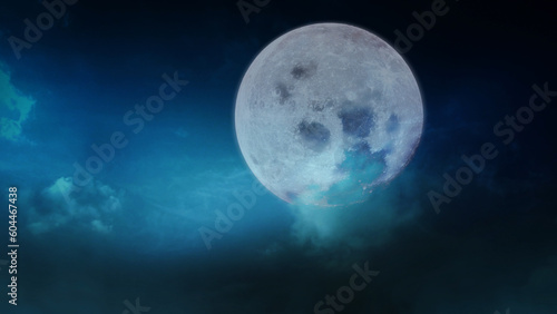 Howling Full Moon with Rolling Fog features a full moon hanging in the sky with moving clouds and rolling fog in a loop.