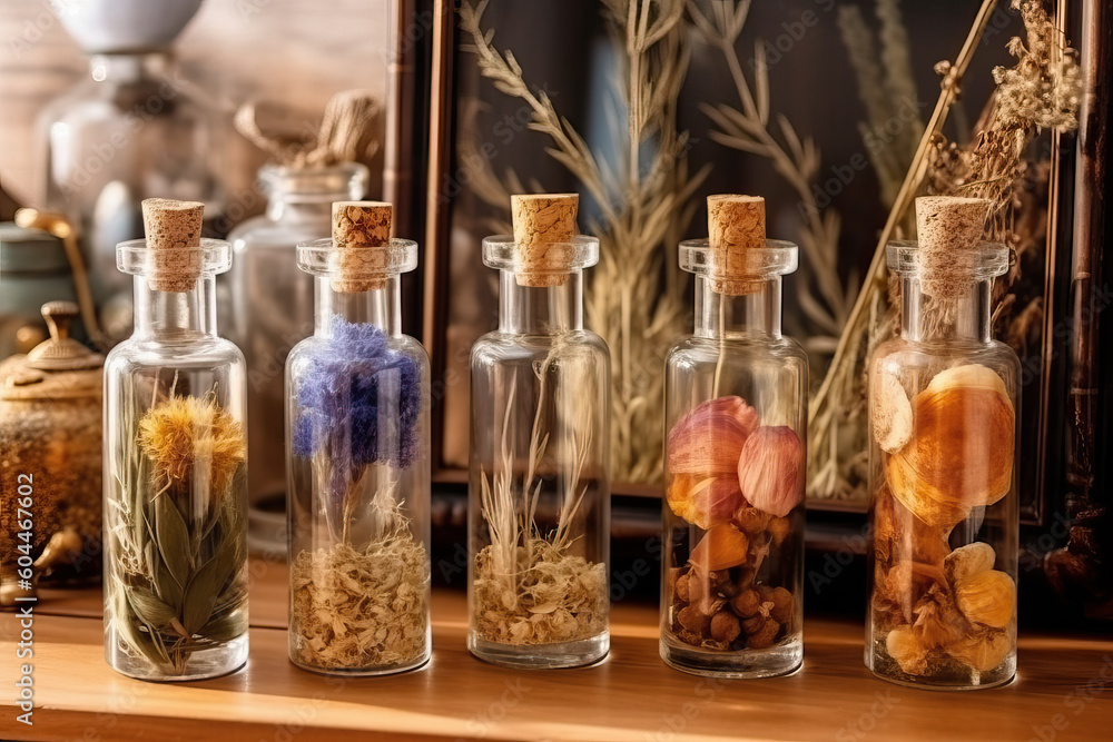 Fototapeta premium A group of bottles filled with different types of flowers