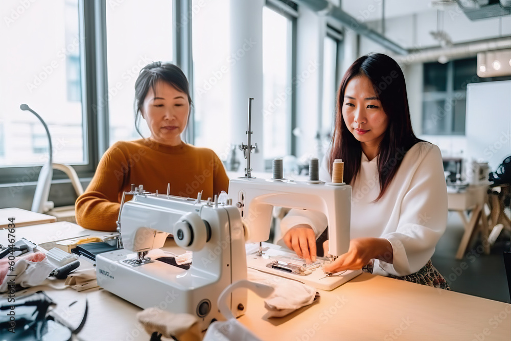 Fototapeta premium Two women sitting at a table with a sewing machine