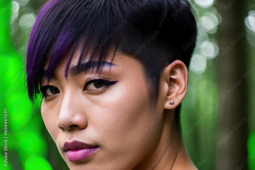 A close up of a person with purple hair A close up of a person with purple hair