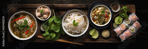 Assorted Asian dinner selection, Vietnamese food. Pho ga, pho bo, noodles, spring rolls and appetizers. healthy meal recipes top view. generative ai photo