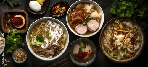 Assorted Asian dinner selection, Vietnamese food. Pho ga, pho bo, noodles, spring rolls and appetizers. healthy meal recipes top view. generative ai