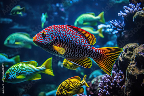 some colorful fish swimming in an aquarium filled with corals and other tropical fish that are visible in the background. Generative Ai