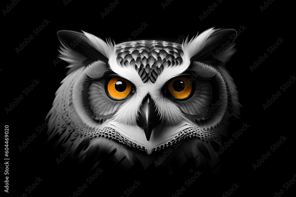 Fototapeta premium black and white portrait of Owl bird, Generative AI