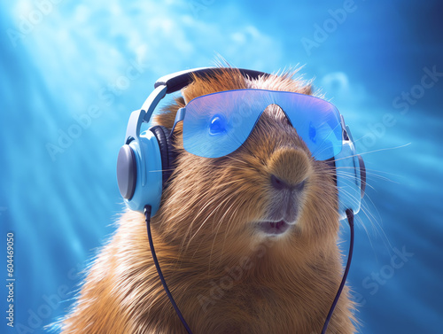 Music dj capybara with sunglasses and headphones - Generative AI photo