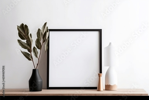 Picture frame on top of a wooden shelf next to vases, post-minimalism and minimalist. photo