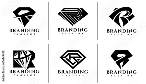 Luxury line diamond jewelry letter R logo design set
