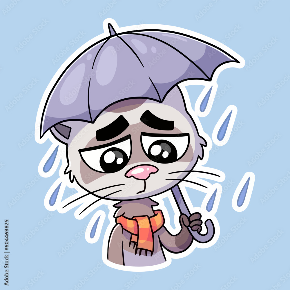 Sticker of a cute cat in the rain holding an umbrella with a sad face wearing a scarf