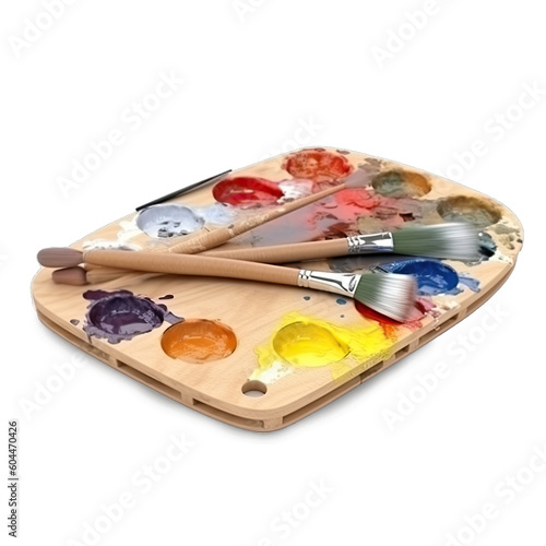 Wooden art palette with paint and a brush on white background. Generative AI 