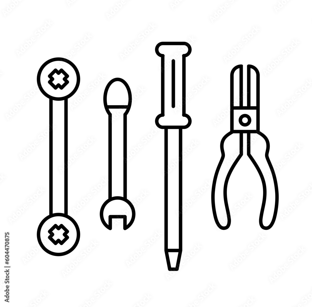 Cute tool set repair mechanic equipment outline icon
