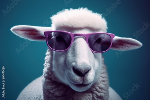 Funny cute sheep in sunglasses with happy emotion. AI generated, human enhanced © top images