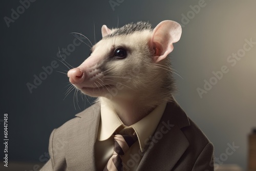 Anthropomorphic opossum dressed in a suit like a businessman. Business Concept. AI generated, human enhanced