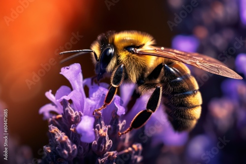Macro close-up illustration of a bee on a pink lavender flower. Generative AI. © Tuyres