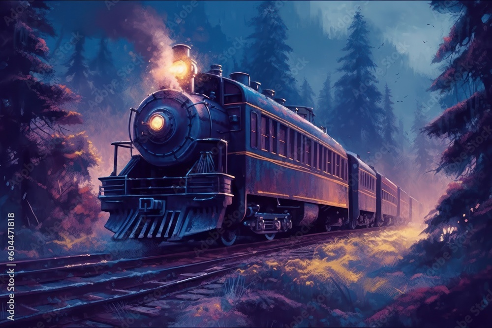 Train rides in a forest area, retro style. Vintage steam locomotive. AI generated, human enhanced. Train rides in a forest area, retro style. Vintage steam locomotive. AI generated, human enhanced.