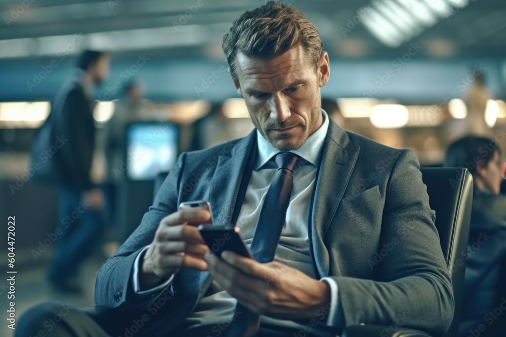 Male businessman with smartphone in airport lounge. AI generated, human enhanced. Male businessman with smartphone in airport lounge. AI generated, human enhanced.
