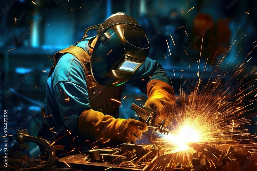 Worker or welder in the metallurgical industry performing welding in his workshop. AI generated, human enhanced. Worker or welder in the metallurgical industry performing welding in his workshop. AI generated, human enhanced.