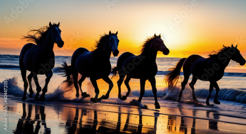 Wild horses running on the beach