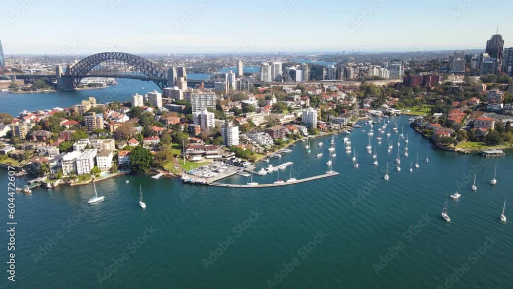 Aerial drone view of Sydney Harbour and Sydney Harbour Bridge, NSW Australia looking over Kirribilli and toward Milson Park on a sunny morning Aerial drone view of Sydney Harbour and Sydney Harbour Bridge, NSW Australia looking over Kirribilli and toward Milson Park on a sunny morning