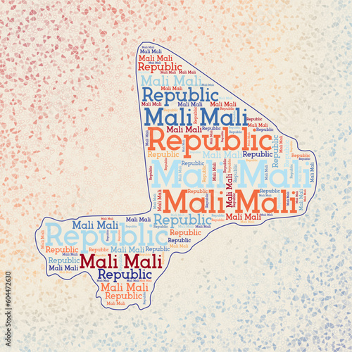 Mali shape with country names word cloud in multiple languages. Mali border map on awesome triangles scattered around. Classy vector illustration.