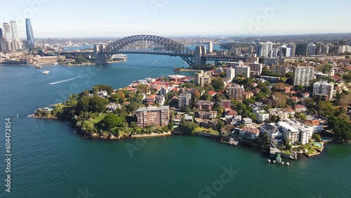 Aerial drone view of Sydney Harbour and Sydney Harbour Bridge, NSW Australia looking over Kirribilli on a sunny morning  photo